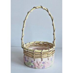 Ceramic Wicker Pink Floral Easter Basket Spring Home Holiday Decor Vintage FTD